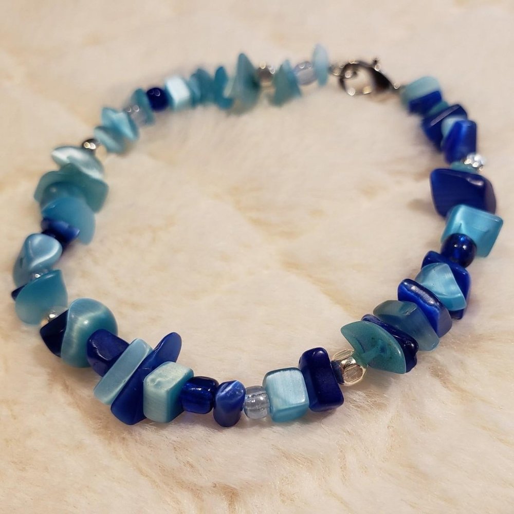 Blue Beach Ocean Beaded Bracelet Steel Clasp Handmade 7 inches